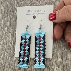 Hand Beaded Earrings - Black, Blue, Red Beads Leather Back
